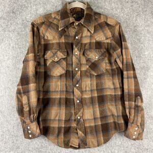 VTG Kmart Western Wool Flannel Shirt Mens Medium Brown Plaid Pearl Snap Outdoor